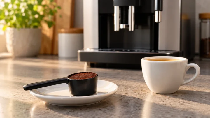 Level scoop of ground coffee on a saucer beside a cup and representative automatic coffee machine