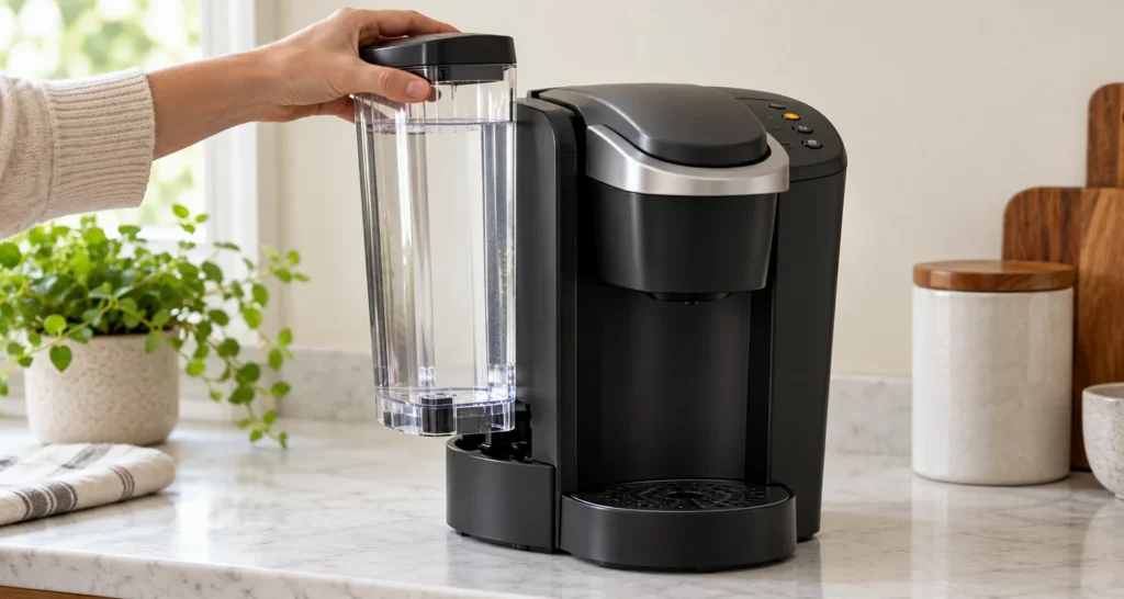Generic single serve brewer with a filled removable water reservoir being reseated