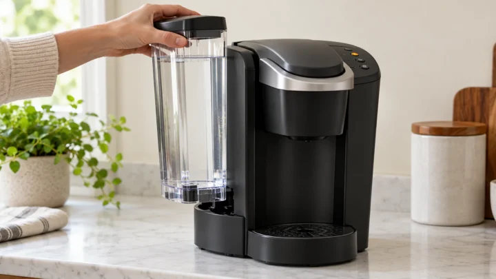 Generic single serve brewer with a filled removable water reservoir being reseated