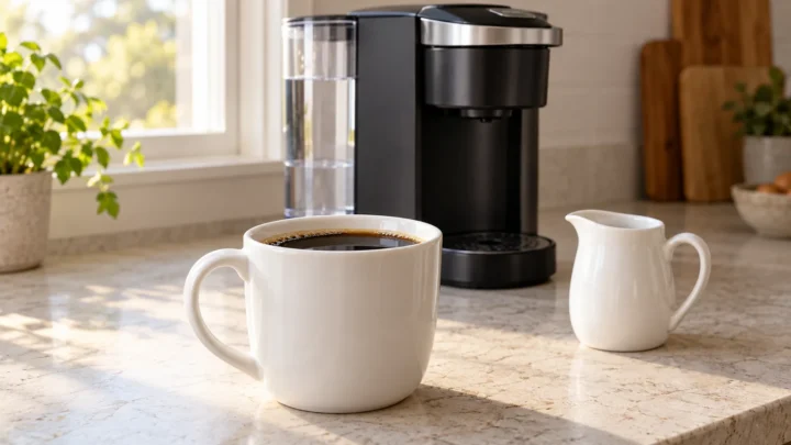 Black coffee in a white mug with a milk pitcher and single-serve brewer behind it