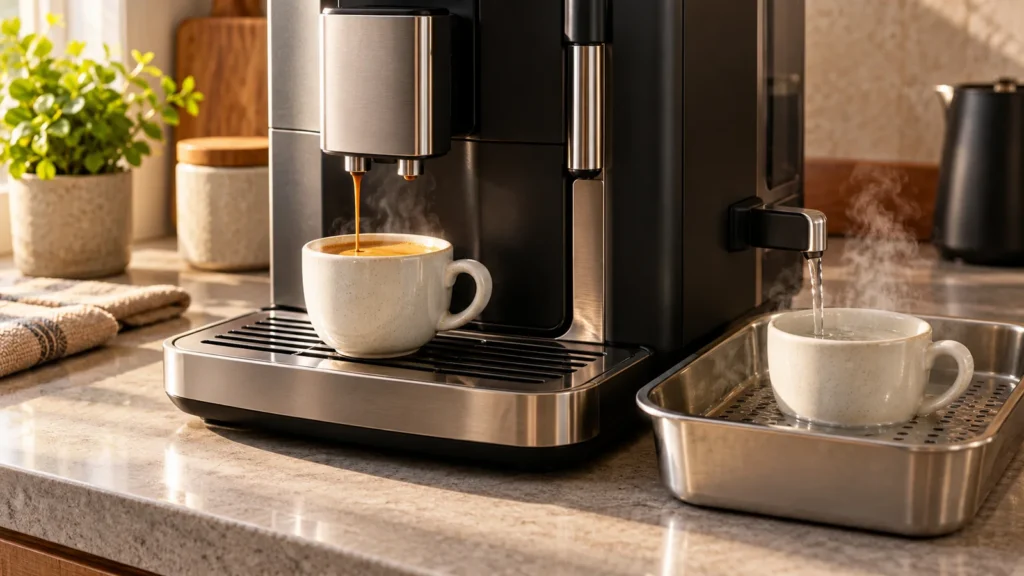 Editorial illustration of generic automatic machine making espresso beside a cup preheated with hot water
