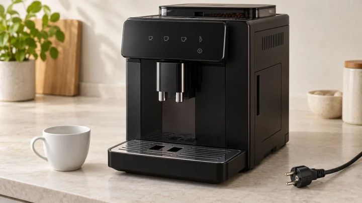 Representative automatic coffee machine with an unlit control panel and an unplugged power cord on a dry counter.