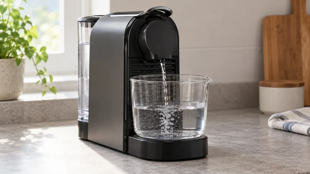 Conceptual capsule coffee machine dispensing water into a collection vessel