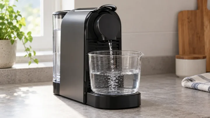 Conceptual capsule coffee machine dispensing water into a collection vessel