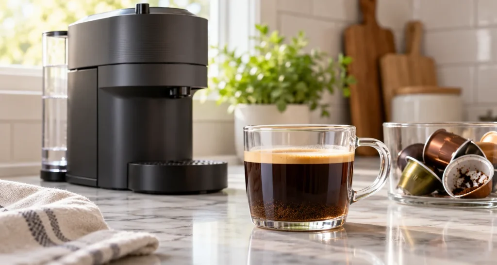 Generic capsule coffee machine beside a glass cup with fine coffee grounds settled at the bottom