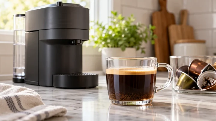 Generic capsule coffee machine beside a glass cup with fine coffee grounds settled at the bottom