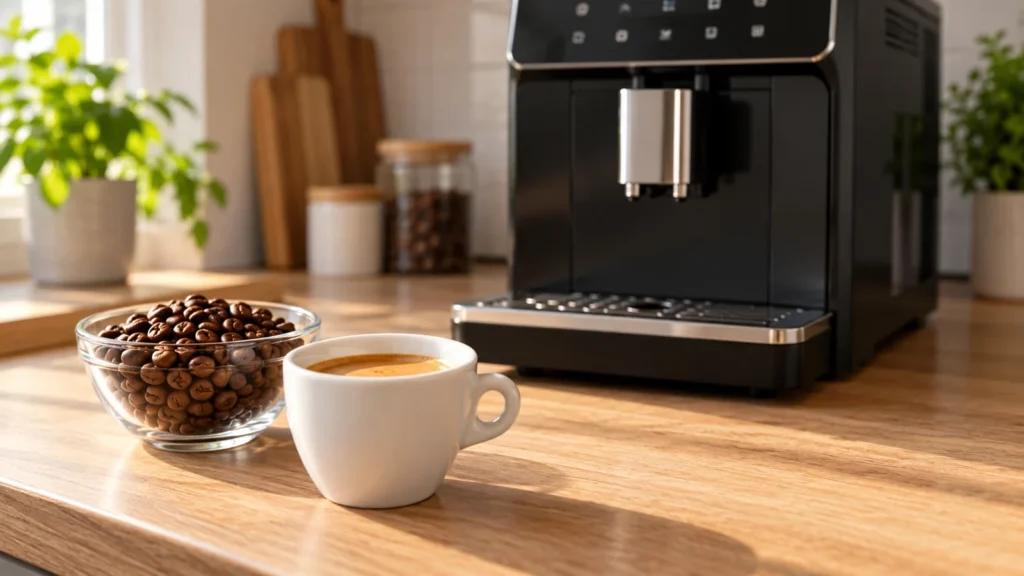Espresso cup and whole coffee beans beside a representative automatic espresso machine