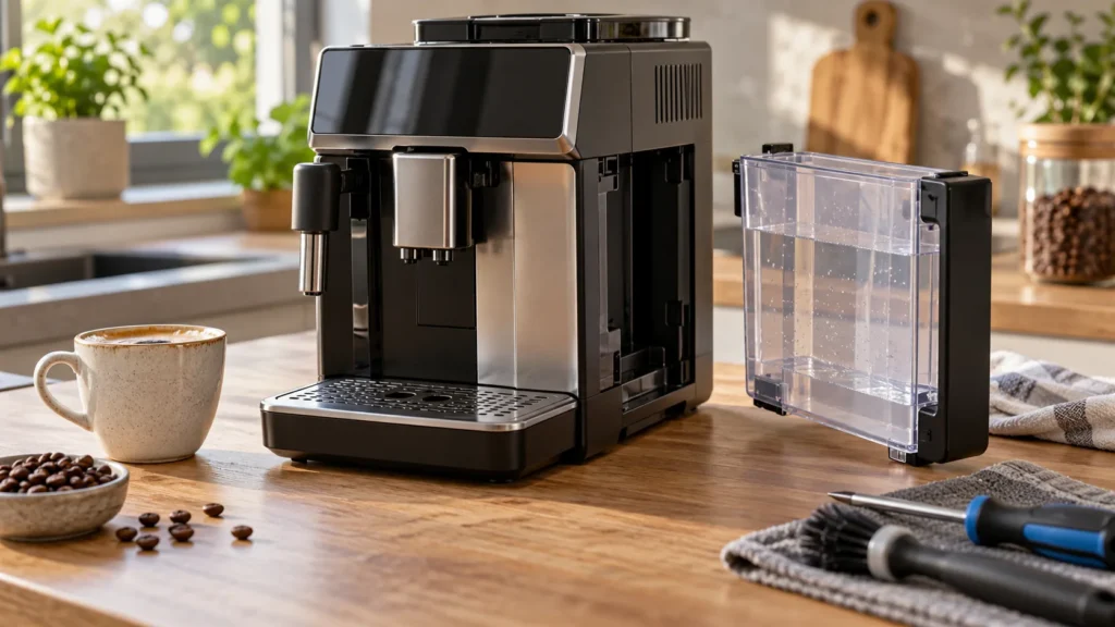 Generic automatic espresso machine with its water tank removed to check a loud pump noise