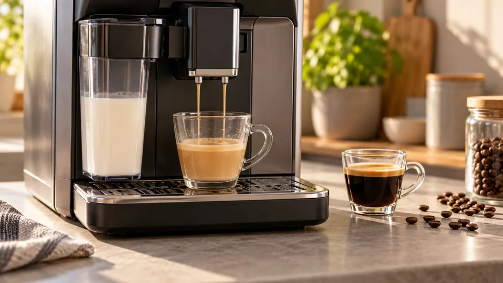 Pale espresso from an automatic coffee machine beside a darker espresso for comparison