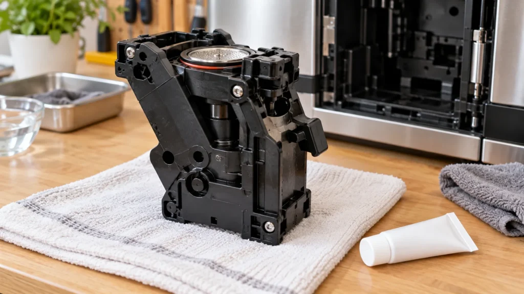 Illustrative removable espresso brew group and unmarked lubricant tube