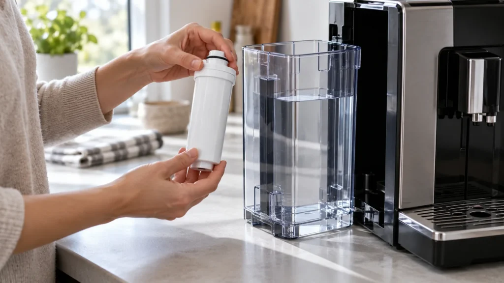 New AquaClean water filter next to a Saeco Xelsis water tank