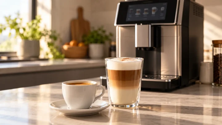 Black coffee and a milk drink in front of a representative automatic espresso machine