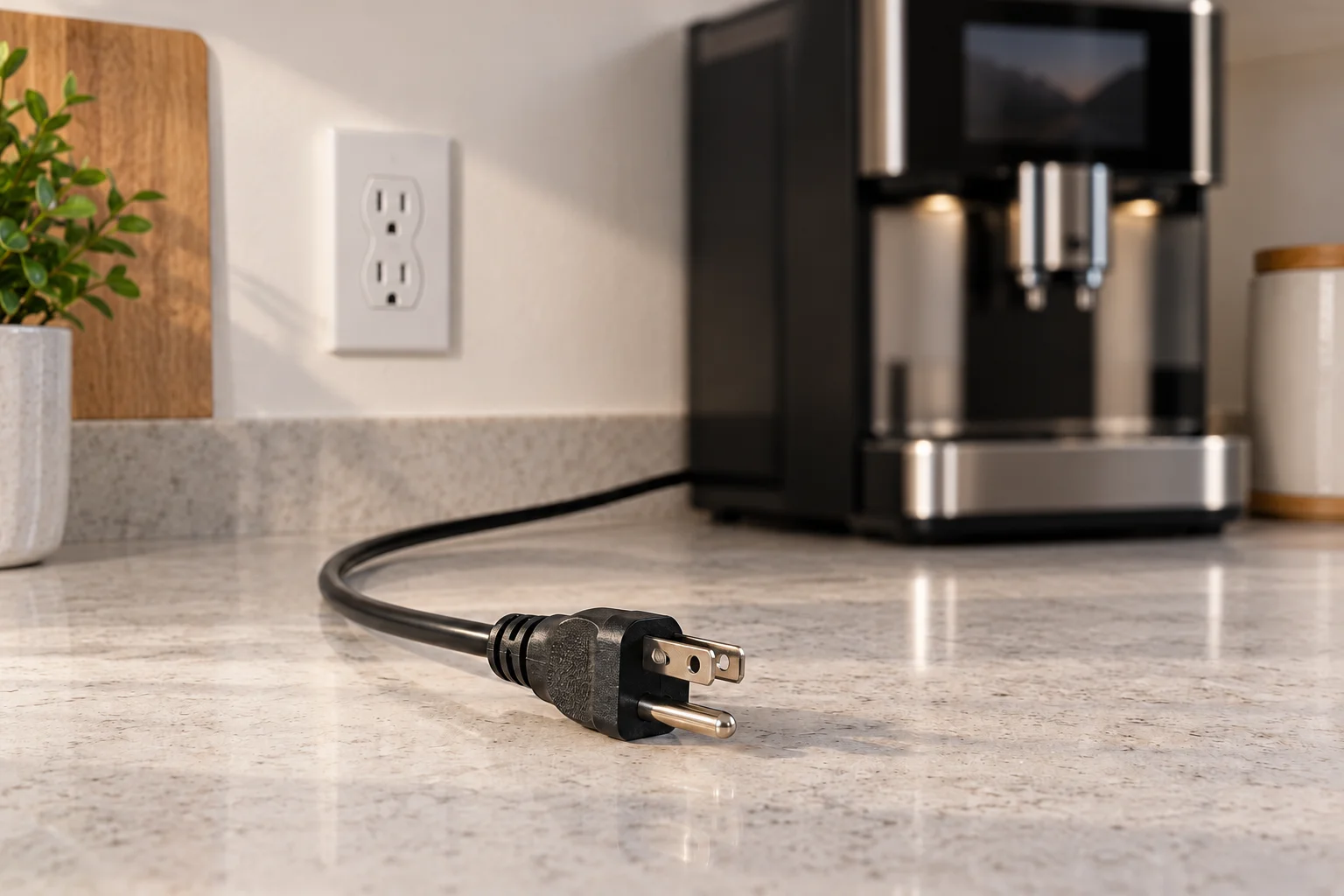Disconnected grounded appliance plug on a dry counter beside a switched-off espresso machine
