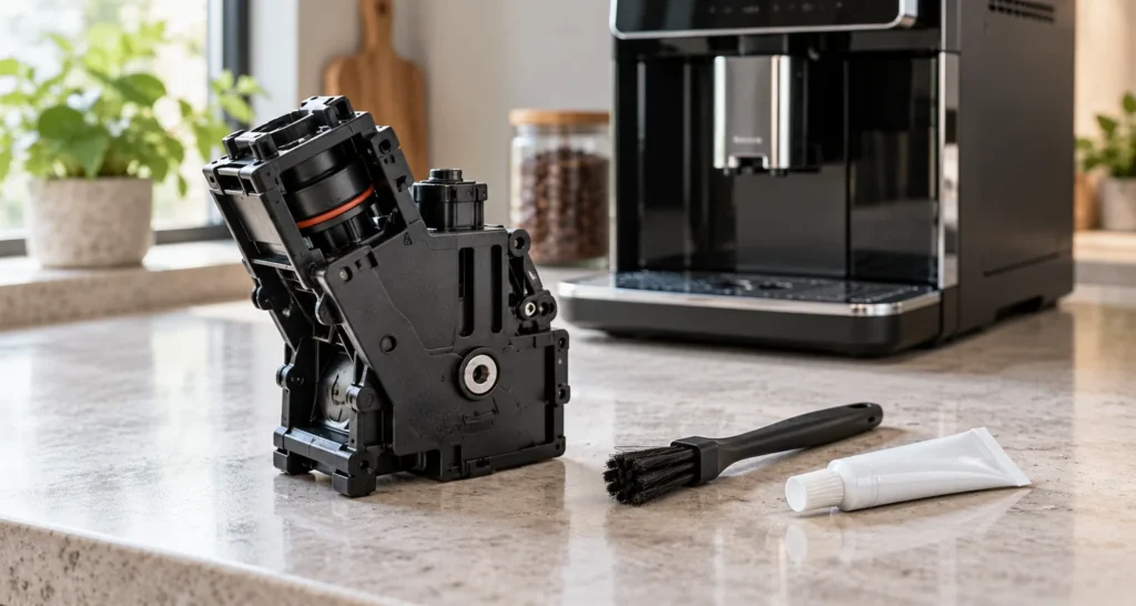 Removable automatic espresso brew group on a counter beside a soft brush and a small tube of machine grease