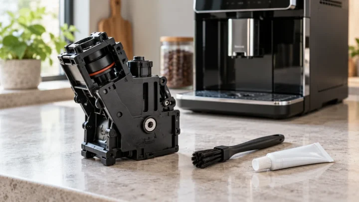 Removable automatic espresso brew group on a counter beside a soft brush and a small tube of machine grease