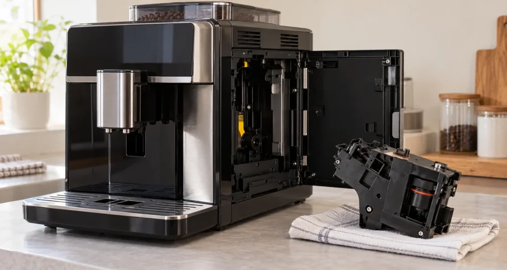 Automatic espresso machine with service door open and removable brew group set on a cloth