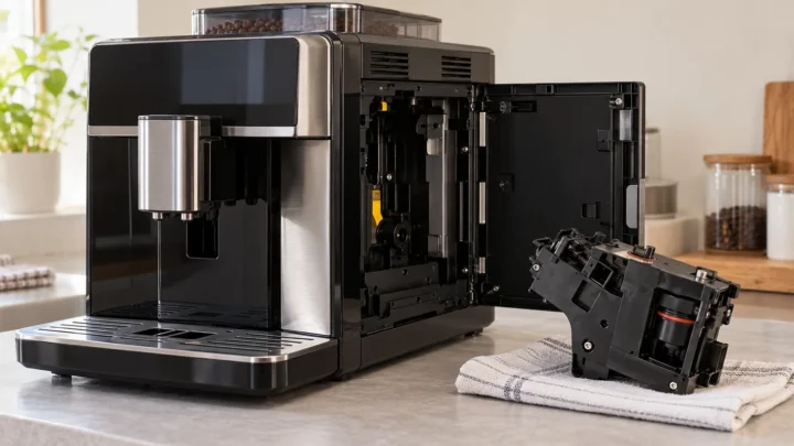 Automatic espresso machine with service door open and removable brew group set on a cloth