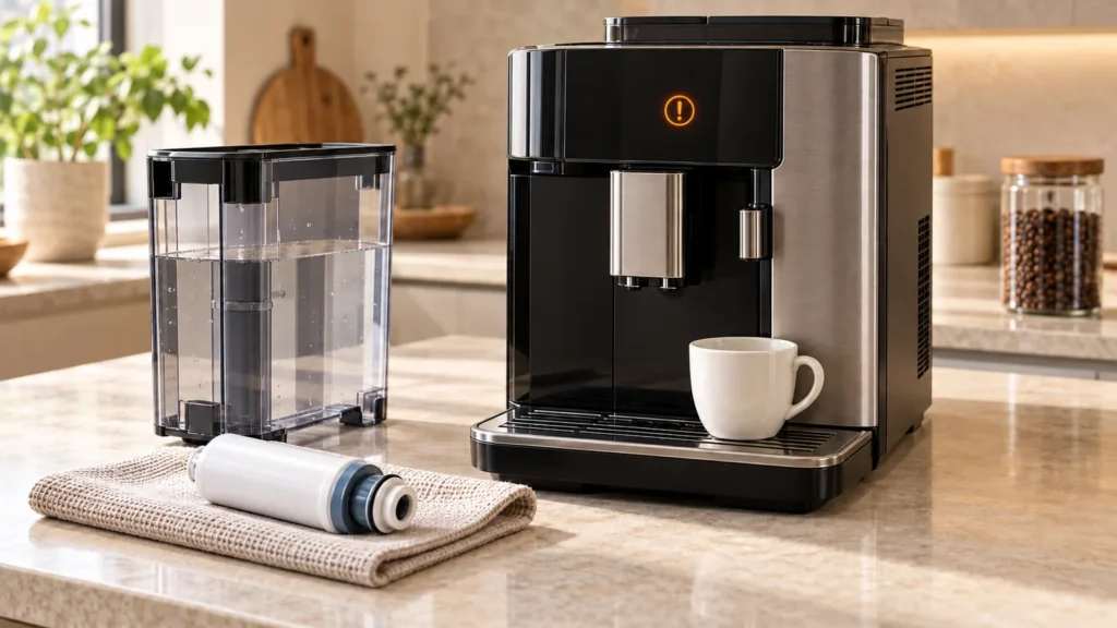Editorial illustration of a generic automatic espresso machine, tank, AquaClean-style filter and warning icon