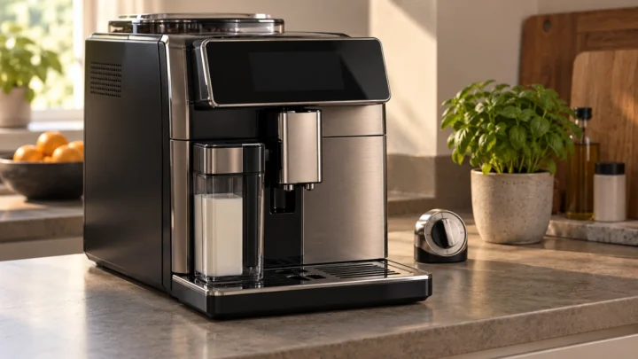 Switched-off automatic espresso machine beside a kitchen timer on an open counter