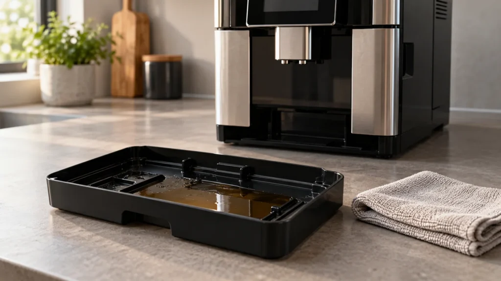 Removed drip tray containing brown rinse water beside a representative automatic coffee machine.