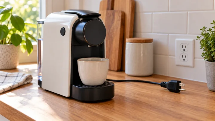 Editorial illustration of a capsule coffee machine with no illuminated button and an unplugged cord