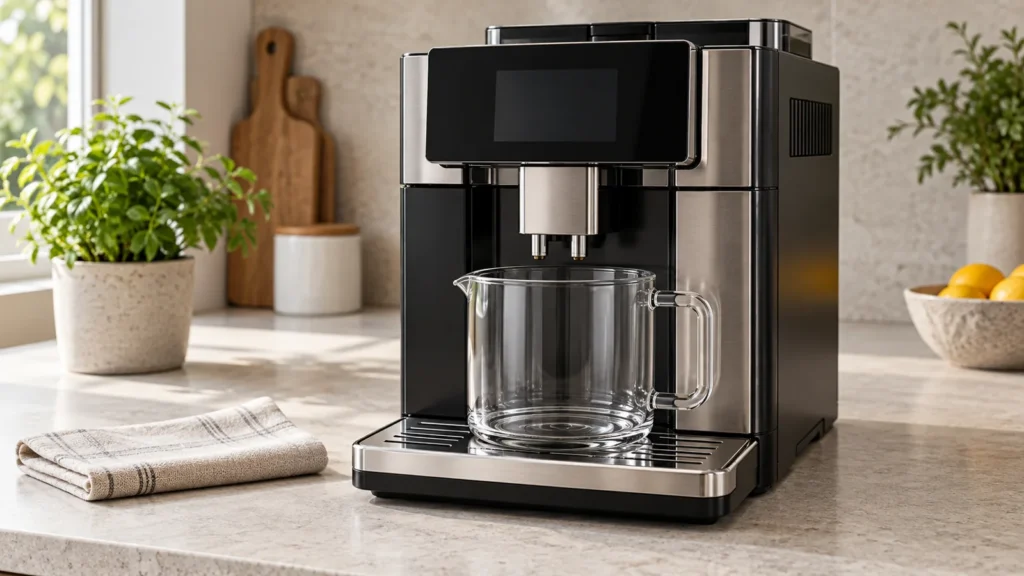 Representative automatic espresso machine with an empty collection jug positioned under its coffee spouts.